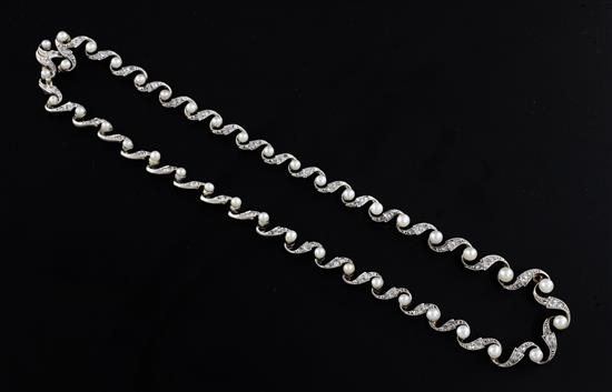 A Victorian style gold, diamond and cultured pearl set necklace, 14.5in.